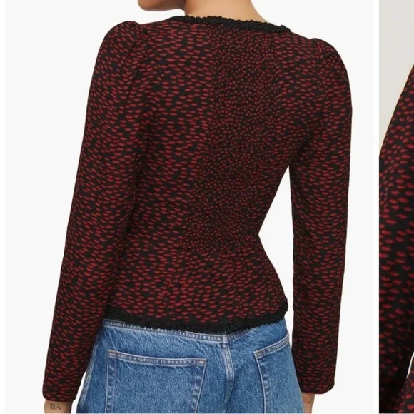 NWT Reformation Nikky Lace Trim Button Long Sleeve Top French Kiss Black Red 2 - Picture 2 of 6